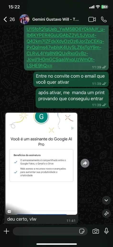 Ativação Google AI Pro confirmada por Gustavo Will no WhatsApp