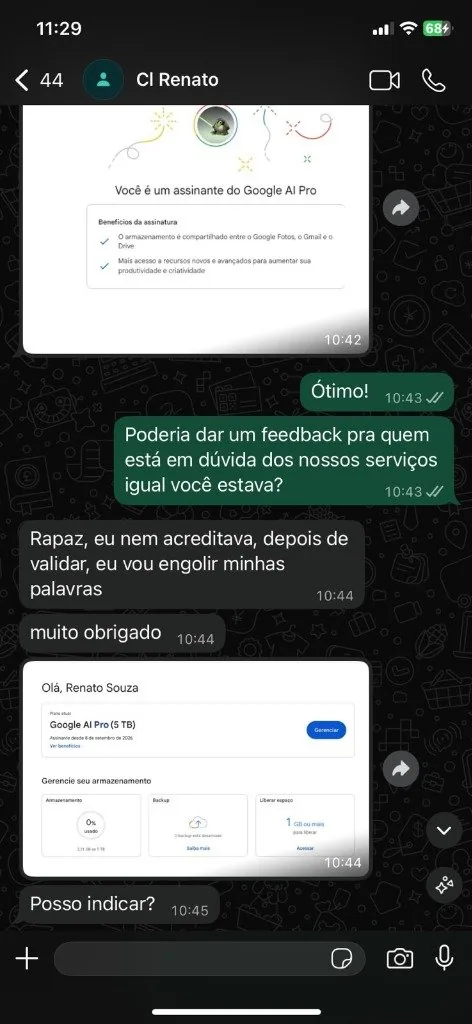 Conversa no WhatsApp e painel do Google One de Renato Souza
