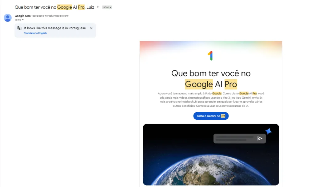 E-mail oficial do Google One confirmando ativação do Google AI Pro
